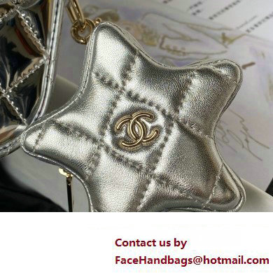 chanel Metallic Mirror Calfskin, Metallic Lambskin  &  Gold-Tone Metal Silver Flap Bag  &  Star Coin Purse AS4649 2024